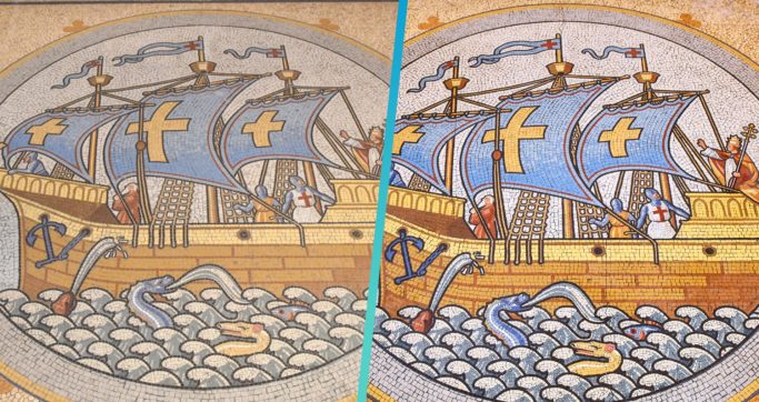 Vorher-Nachher-Vergleich eines farbenfrohen Mosaikbodens: links mit Zementschleier, rechts nach professioneller Reinigung durch Finalit – Farben und Details wieder voll sichtbar.