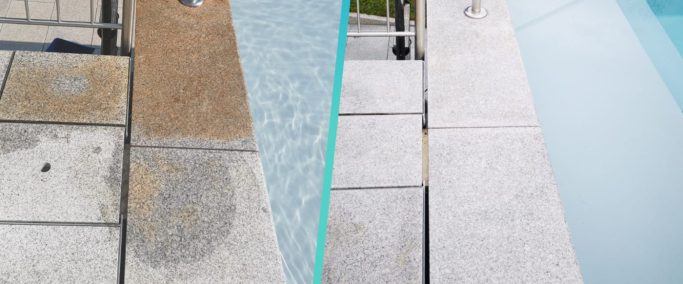 Vorher-nachher Vergleich eines Granitbodens mit Wasserflecken links und gereinigter, klarer Oberfläche rechts.