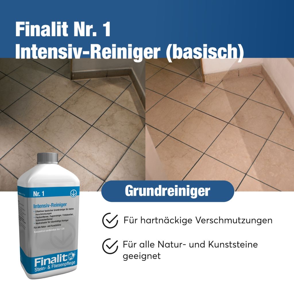 Finalit Nr. 1 Intensiv-Reiniger (basisch) Finalit Nr. 1 Intensiv-Reiniger (basisch) . Sehr starker Grundreiniger: Entfernt Fett, Öl, Blut, Rotwein, Kaffee, Marmelade und mehr – ideal für hartnäckigen Schmutz.