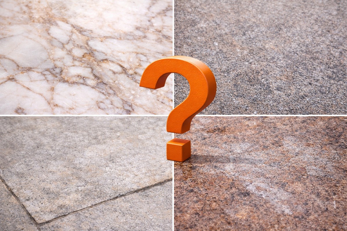 Woher kommt der Fleck Unterschiedliche Steinoberflächen wie Naturstein, Betonstein und Feinsteinzeug mit Fragezeichen als Symbol für die Analyse von Material und Oberfläche vor der Steinreinigung.