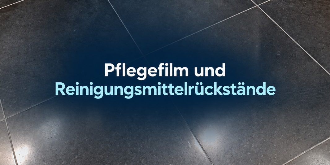 Dunkler Fliesenboden mit dem Schriftzug Pflegefilm und Reinigungsmittelrückstände